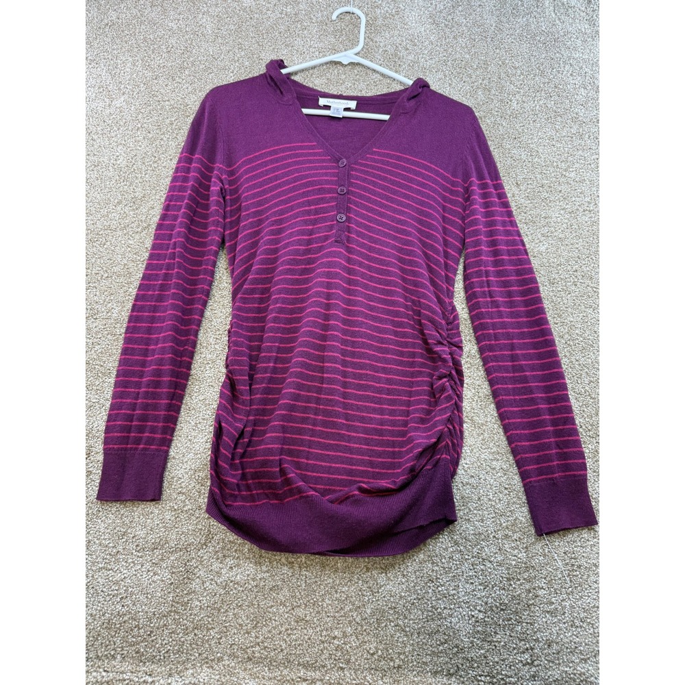 Motherhood Maternity XS Purple Striped Henley Hooded Side Ruched Sweater